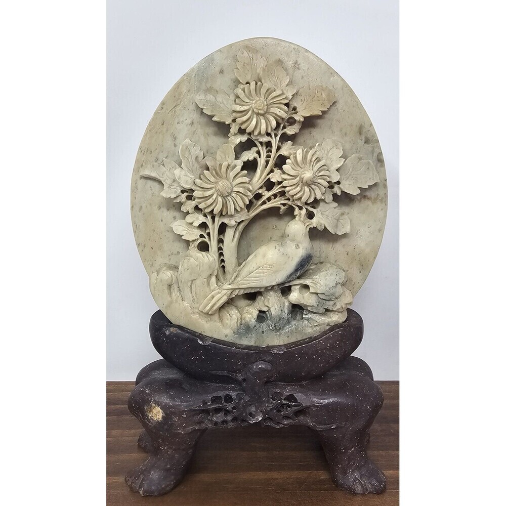 Vintage Chinese Hand Carved Soapstone  Birds & Floral Motif Sculpture 8.5" Flaws